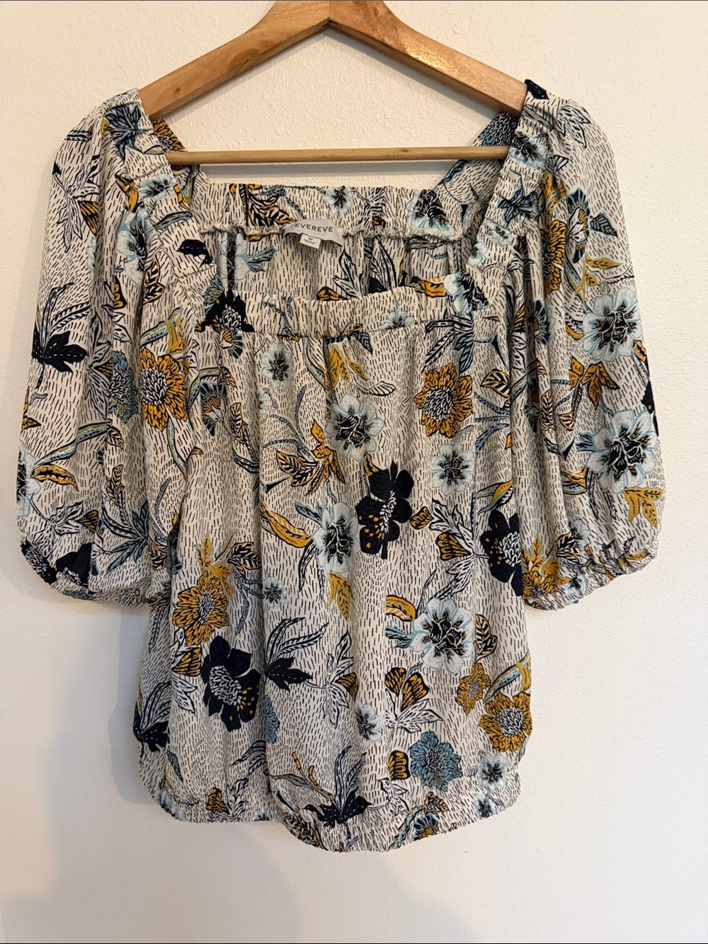 Evereve Floral Square-Neck Blouse in White, Black & Gold